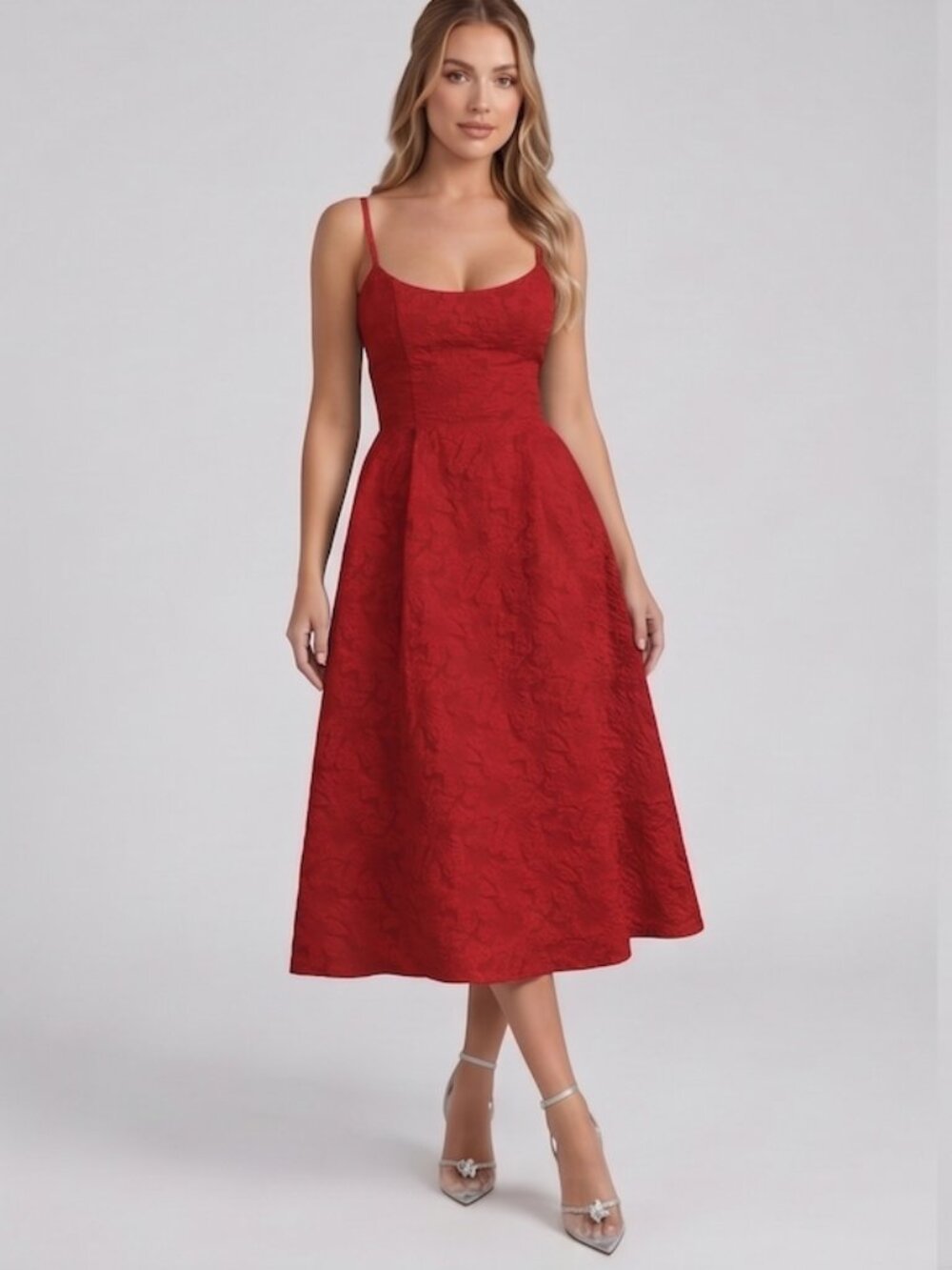 Red Floral Scoop Neck Midi Party Dress